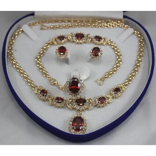 2 choices wholesale red crystal 10*14mm ring(#7.8.9) 18" chain pendant necklace stud earrings &bracelet jewelry set002