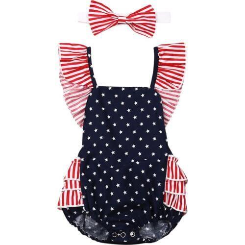 Baby Summer Clothing Newborn Baby Girl Boy 4th Of July Bodysuits Headband 2PCS Striped Sleeve Jumpsuits Flag Outfits 0-12M