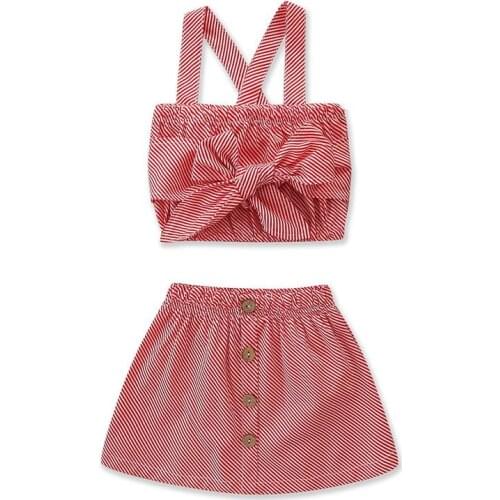 Kids Baby Girl Clothing Set Striped Print Bow Sleeveless Tube Top+Button A-line Skirts Summer Outfits 2pcs Girls Clothing Set