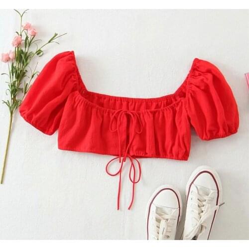 Merodi Girls Fashion Front Lace Up Short Puff Sleeve Summer Short Tops Female Casual Square Collar Cotton Red Chic Tank Tops