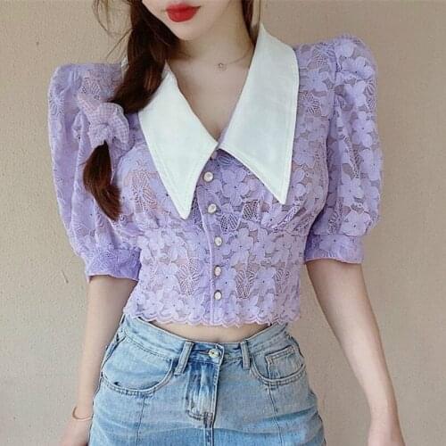 2021 Summer New French Bubble Short-Sleeved Blouse Lace Korean Style Casual Puff Sleeve Chiffon Cardigan Womens Thin Shirt Top