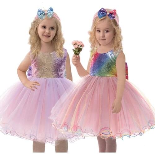 New Sequin Tulle Lace Party dress for kids girl 2020 fashion elegant Birthday Holiday Wear Princess Baby Dresses Big Bow 2021