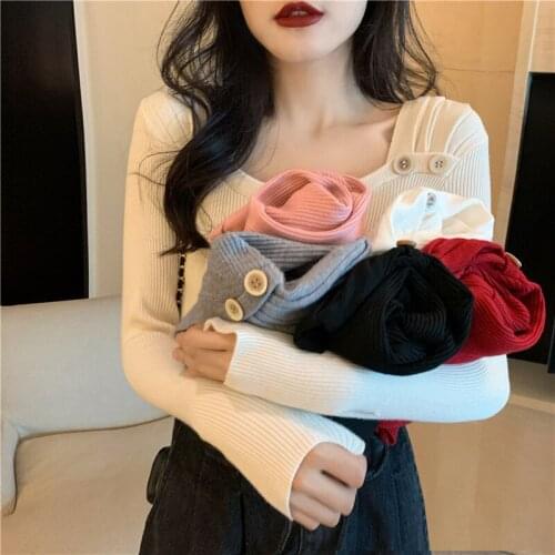 2021 Autumn Winter Slim Sweater Women Long Sleeve Pullover Women Basic Button Sweaters Women Korean Style Knit Tops Femme