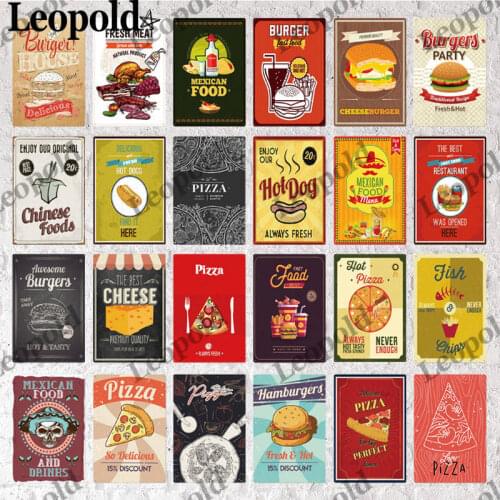 Food Series Metal Plaque Pizza Burger Ham Letter Slogan Combination Picture Modern Wall Art Metal Kitchen Restaurant Decoration