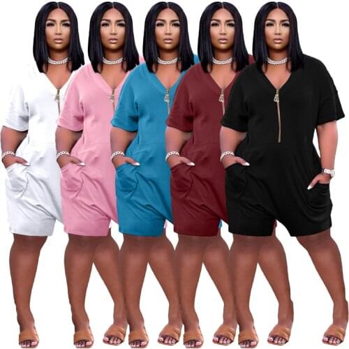 Casual Style Womens Clothing Fashion Sexy Loose Solid Color V Neck Short Sleeves High Waist Zipper Casual Wholesale Jumpsuit