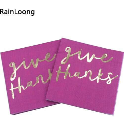[RainLoong] 3-Plys Foil Gold Beverage Paper Napkin Give Thanks For Thanksgiving Decoration Supply Tissue Serviettes 25*25cm