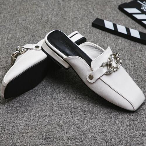 Crystal decoration slippers women metal chains flip flops square toe leather slides shoes woman summer pantoufles femme 158