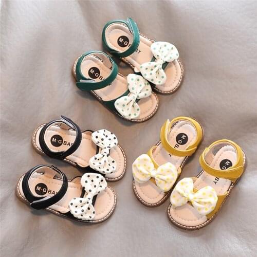 Girls Shoes 2021 Summer Dot Bow Ankle Strap Sandals Girls Princess Shoes Baby Kids Beach Shoes Yellow Green Child Flats Toddlers