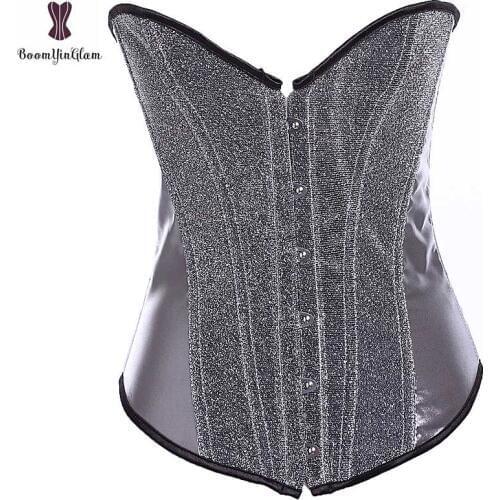Silver Corset Simple Overbust Korset Fish Boned Waist Slimming Bustier Gorset Twinkle Corsets Sexy Costume Outwear Korsett Women