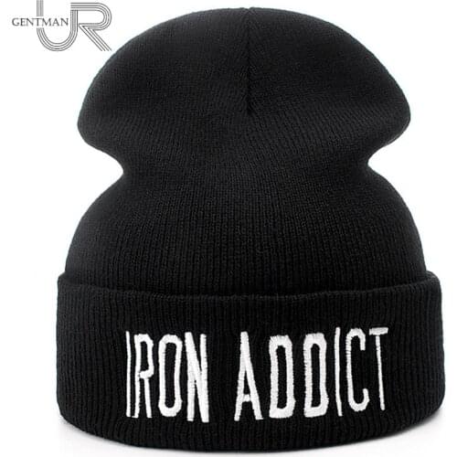 New Brand Cotton Beanie Cap Letter IRON ADDICT Casual Beanies For Men Women Fashion Knitted Winter Hat Hip-hop Skullies Warm Hat
