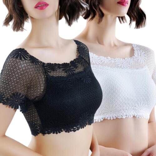 Hot Short Sleeve Harajuku Bare Shoulder Crochet Top Women Sexy Lace Off Shoulder Crop Tops With Bra Pads Female Cotton T-Shirt