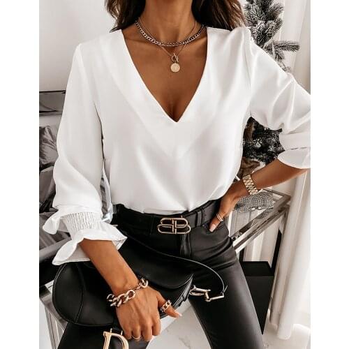 Spring 2021 Shirt Shirts For Women Long Sleeve Shirt Black White Shirts V-neck Backless Lace Elegant Sexy Tops Women XXL