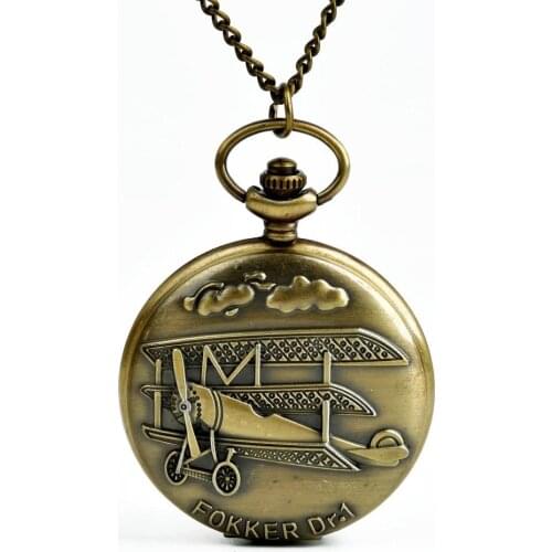 9016 Vintage 3D Airplane Design Bronze Quartz Pendant Fob Pocket Watch With Necklace Chain Good WatchFor Children And Friends