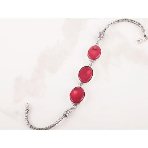 UM US JEWELRY Triple Coral Gemstone 925 Sterling Silver Bracelet