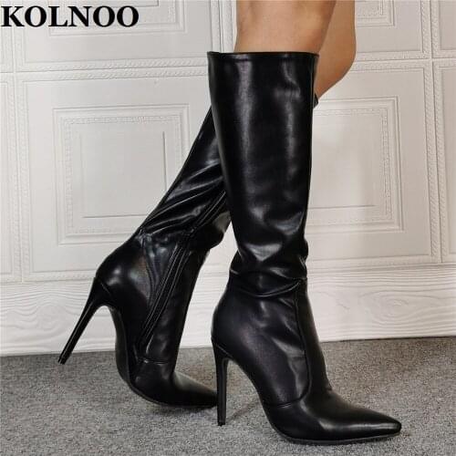 Kolnoo 2022 New Style Ladies High Heels Boots Real Photos Pointy Black Leather Midcalf Boots Sexy Evening Fashion Winter Shoes