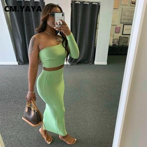 CM.YAYA Women Set Solid One Shoulder Full Sleeve Crop Tops Strechy Bodycon Long Skirts Two 2 Piece Sets Sexy Outfits Summer 2021