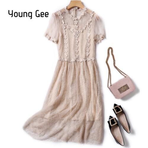 YoungGee Sweet Lace Floral Dress Women Summer Elegant Rockabilly Evening Party Midi Dresses Mesh Short Sleeve Swing Robe vestido