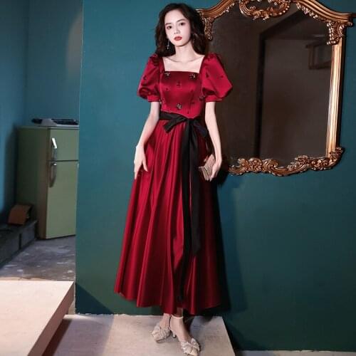 Elegant Square Collar Embroidery Puff Sleeve Daily Evening Dress Women Back Zipper Formal Gowns Robe De Soiree Cheongsam 3XL
