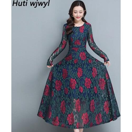 2021 Vintage Lace Hook Flower Hollow Midi Dresses Autumn Winter Elegant Long Sleeve Dress Women Bodycon Party Sexy Maxi Vestidos