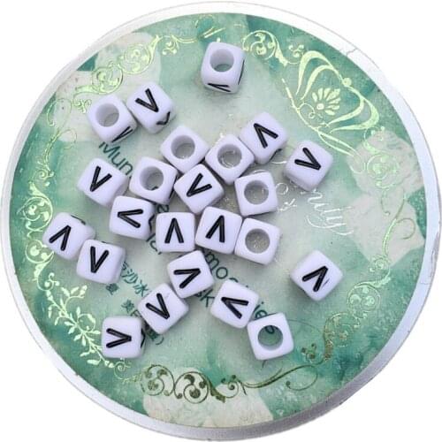 High Quality 100pcs 6*6MM Cube Square Letters Beads Individual Initial V Printing Plastic Big Hole Alphabet Spacer Beads