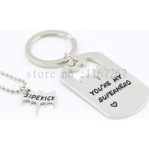 2016 new arrive handstampe Jewelry Dog Tag Bat keychain you're my superhero keychain& necklace bat cutout gift for dad sidekick