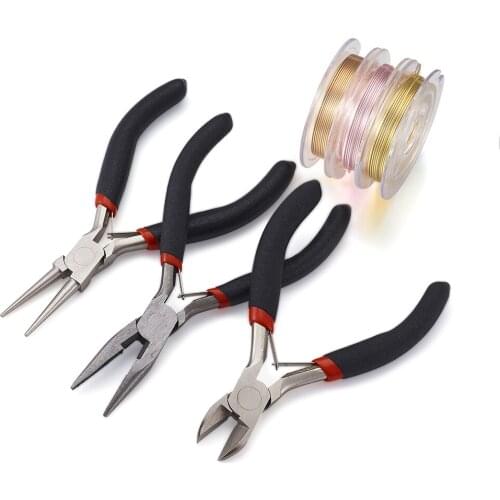 3pcs Carbon Steel Pliers Round/Needle Nose Pliers Side Cutter with 3rolls Copper Jewelry Wire Handmade Jewelry Tools Accessories