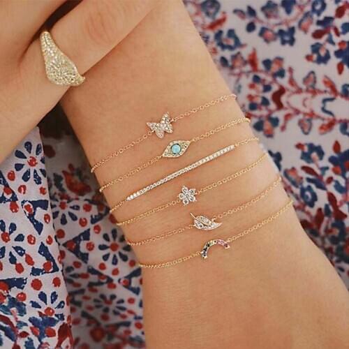 6 Pcs/set Women Exquisite Crystal Butterfly Stars Leaf Gems Geometry Gold Bracelet Set Bohemian Vintage Jewelry Accessories