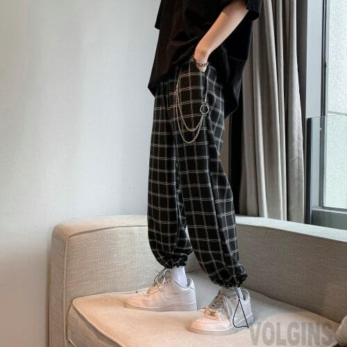 Cargo Pants Men Harajuku Hip Hop Streetwear Joggers Man Elastic Waist Sweatpants Male With Chain Plaid Black Harem Pants