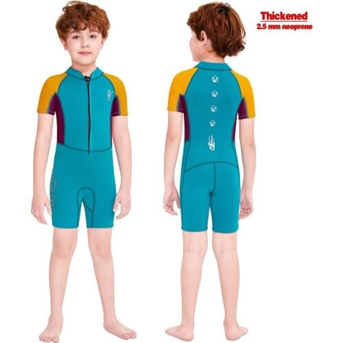 Boys One-Piece Wetsuits 2.5mm Thick Neoprene Diving Suit Keep Warm Short Sleeves Shorts Kids Snorkel Guards Children Swimsuit