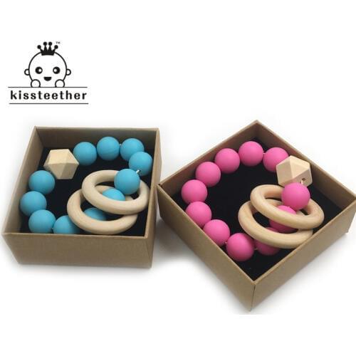 2pcs Baby Teether Nursing Bracelet Food Grade Silicone Beads Wooden Rings Teether Nature Safe Organic Infant Bangle Teether Toys