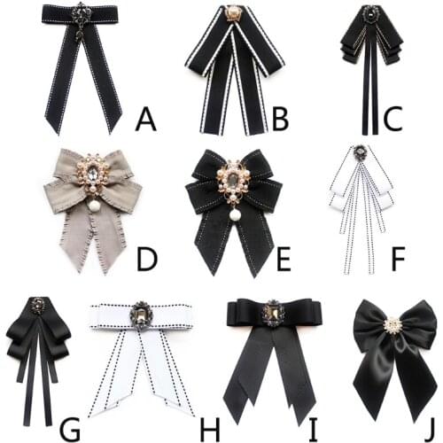 Women Vintage Elegant Pre-Tied Neck Tie Brooch Imitation Pearl Jewelry Collar Ribbon Bow Tie Corsage