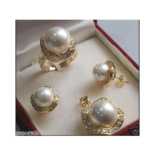 >> Elegant White South Sea Shell Pearl fine gem necklace Pendant Earrings Ring Set fsr