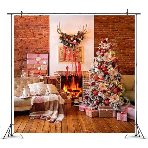Christmas Fireplace Photography Backdrop Rustic Wood Floor Photo Background Brick Wall Living Room Photocall Fire gifts New Year
