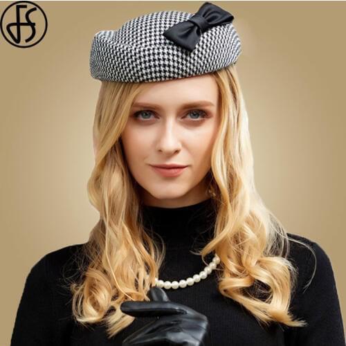 FS Fascinator Hats Black Plaid Pillbox Hats For Women Wedding Girl Winter Wool Felt Cap Vintage Church Derby Party Hat Fedoras