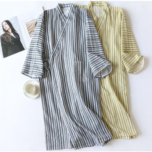 2021 New Summer Japanese Kimono Nightgown 100% Cotton Thin Gauze Men and Women Kimono Bathrobe Couples Long Sleeve Striped Robes