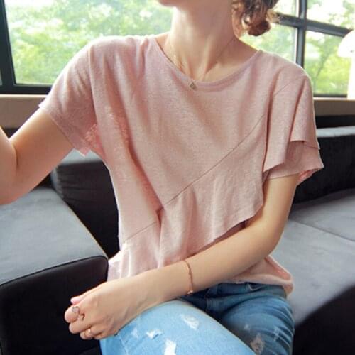 Cotton ruffles solid women t-shirts 2021 summer new o-neck loose casual all match office lady elegant pulls tops