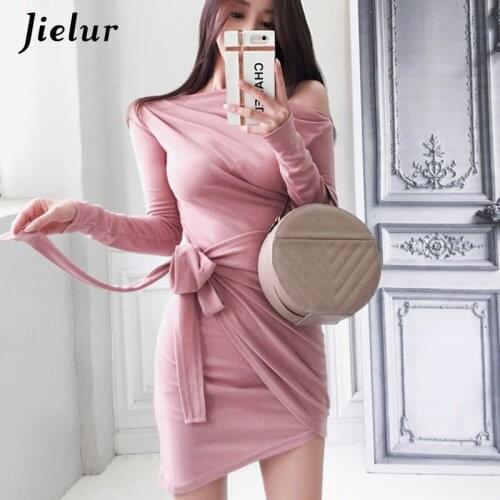 Jielur Solid Color Dress Women Sexy Skinny Robe Femme Long Sleeve Belt Autumn New Black Dresses S-XL Vestido Irregular