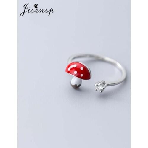 Jisensp 925 Sterling Silver Opening Ring Enamel Mushroom Finger Rings for Women CZ Wedding Engagement Jewelry Accessories Gift
