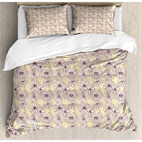 Floral Vintage Duvet Cover Set Delicate Flowers and Swirling Polka Dots 3 Piece Bedding Set Pale Yellow Pale Eggshell and Baby