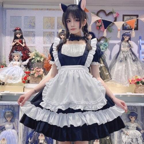 Maid Cosplay Costume Japanese Lolita Anime Maid Apron Cat Uniform Carnival Party Dress For Girls Women Cute Black Lace Outfit