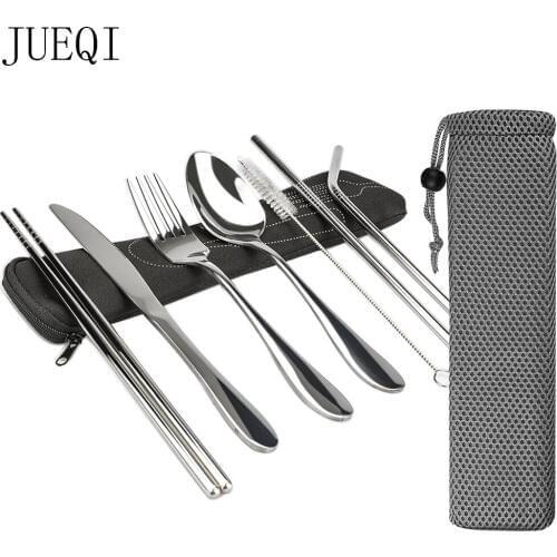 Reusable Silverware with Metal Straw Spoon Fork Chopsticks Drinking Straws Dinnerware Set Travel Camping Cutlery Set
