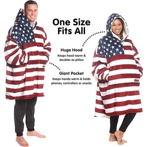 American Flag Hooded Blanket Man Women Gift Winter Sherpa Sweatshirt With Sleeves Sofa TV Nap Blanket Pocket Wearable Pullover