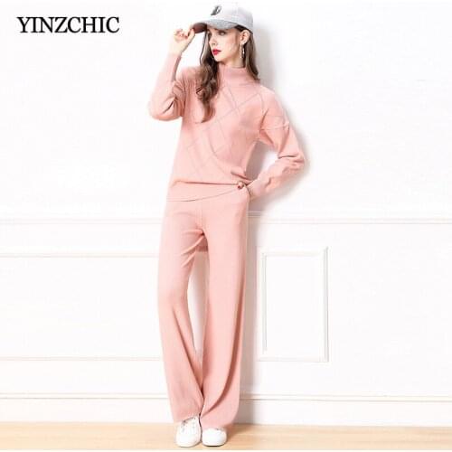 Solid Woman Knitted 2pcs Suits Half Turtleneck Sweater + Long Loose Pants Sets Casual Winter Warm Female Casual Top Pants Suit