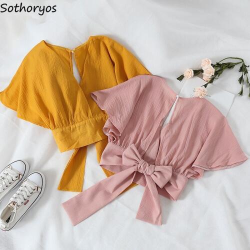 Shirts Women Short Solid V-Neck Bow Womens Batwing Sleeve Loose Kawaii Elegant Shirt Simple All-match Trendy Leisure Blouses