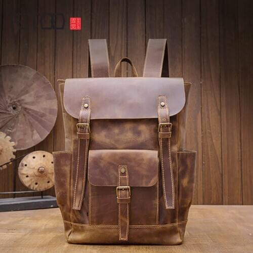 AETOO Handmade retro crazy horse leather backpack, mens trend leather backpack, casual leather multifunctional computer bag