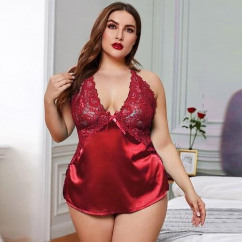 XL sexy lingerie set European and American women sexy charming home nightdress lace stitching two-piece sexy set