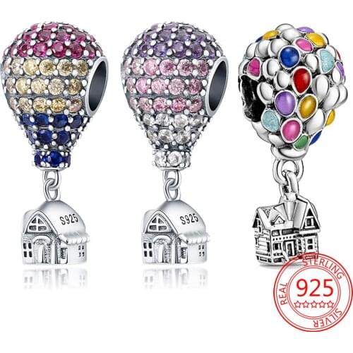 Trendy 925 Sterling Silver Pavé Colored CZ Gemstone Flying House Globe Charm Fit Pandora Bracelet Hot Air Balloon Pendant