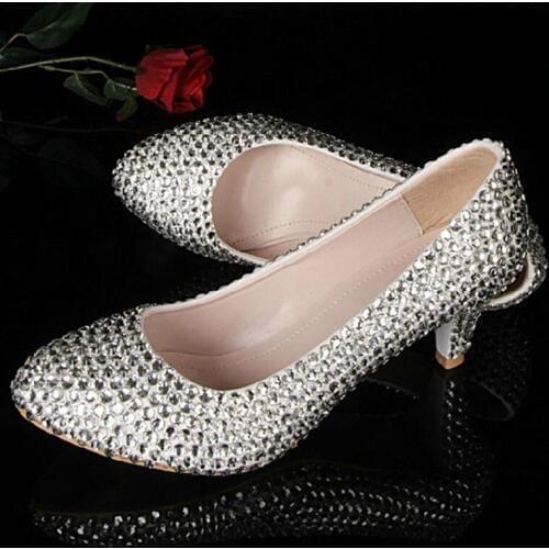 Spring Prom Party Pumps Stiletto wedding Shoes Discount Bridesmaid Dress Shoes Silver Middle Heel Shoes Rhinestone Bridal Shoes