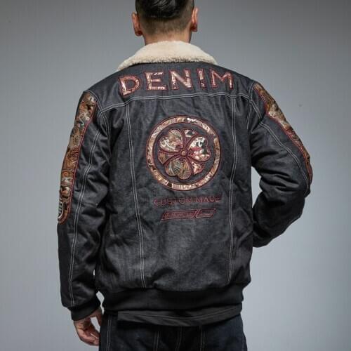 Yokosuka High Street Denim Men Boys Cashmere Jackets Coats Clover Streetwear Fashion Overcoat Long Sleeve Autumn Winter Vintage