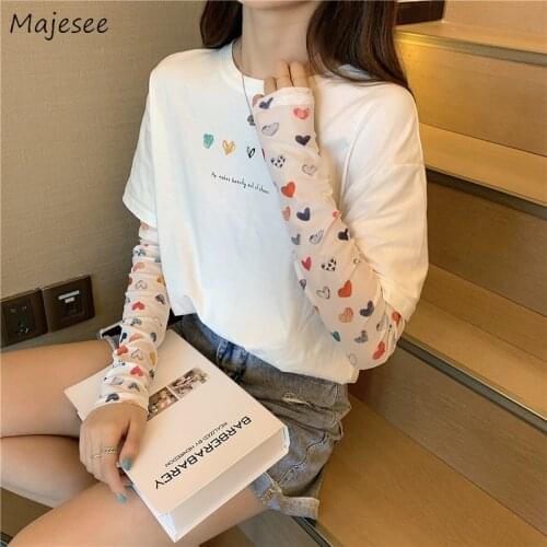 Women Long Sleeve T-shirts Patchwork Fake Two Pieces Design Love-print O-neck Students Fresh Korean Style Fashion Spring Girls